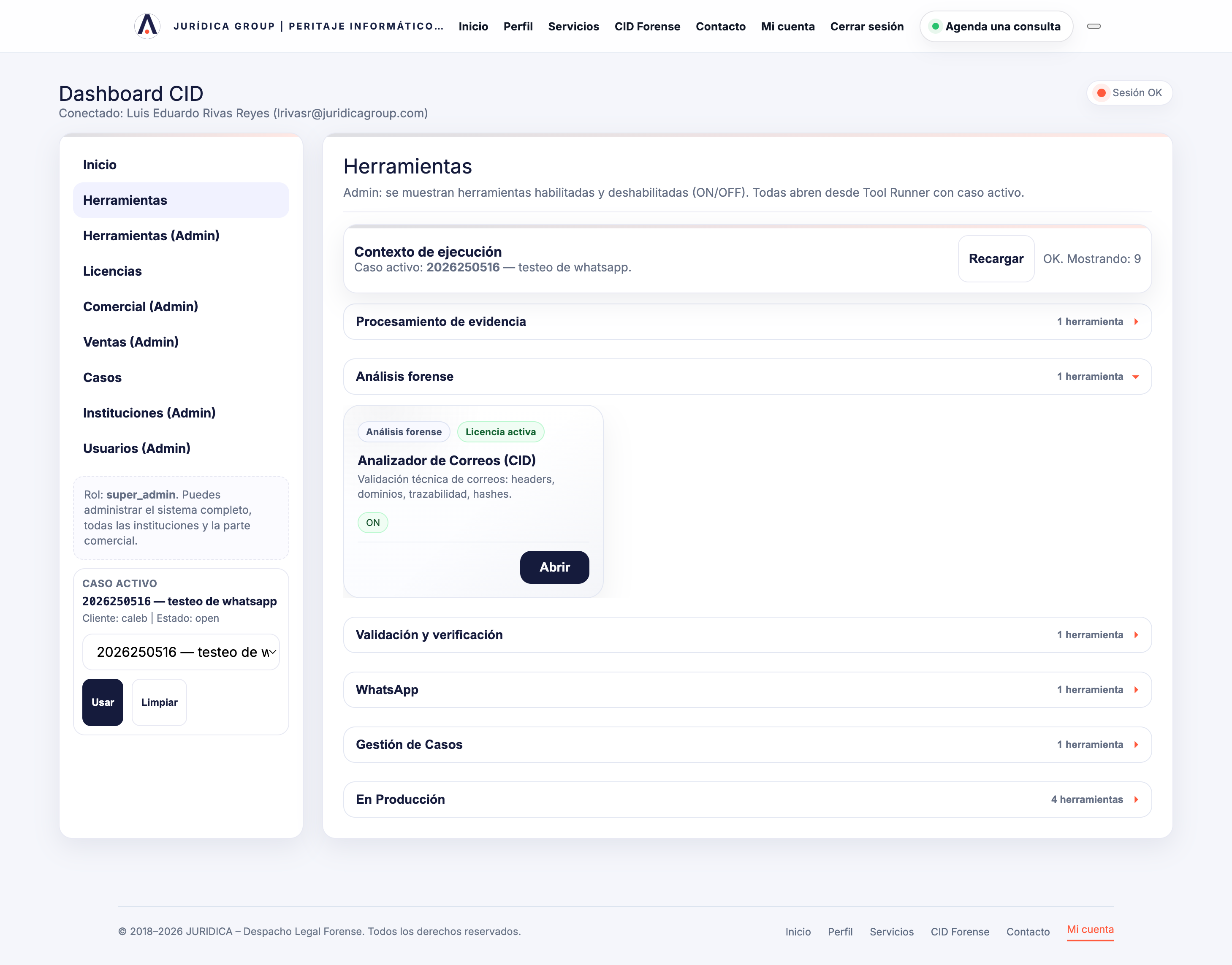 Dashboard de CID Forense con herramientas, licencias y acceso a módulos